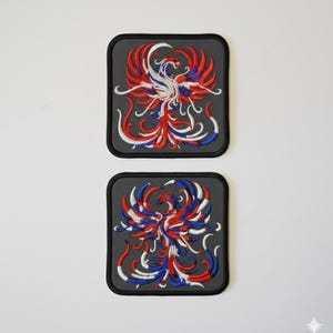 Phoenix Iron On Patch, Mythical Bird Embroidery for Fantasy Gear Applique, Gray Twill Patch, Phoenix Rising Art Variations, Made in Canada
