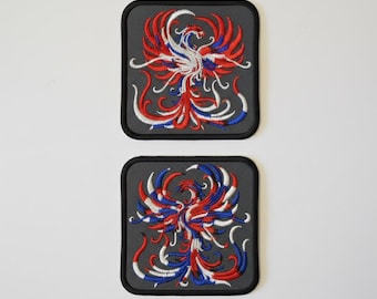 Phoenix Iron On Patch, Mythical Bird Embroidery for Fantasy Gear Applique, Gray Twill Crest, Phoenix Rising Art Variations, Made in Canada