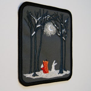 Fox and Rabbit Embroidered Patch, Moonlit Forest Iron On Badge, Hand-Finished Woodland Animal Decor image 10