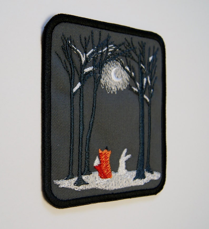 Fox and Rabbit Embroidered Patch, Moonlit Forest Iron On Badge, Hand-Finished Woodland Animal Decor image 10