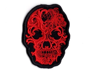 Embroidered Skull Iron-on Patch: Red Burlesque Applique