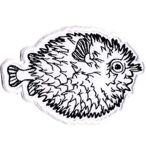 May include: Black and white line drawing of a spiky, round fish with a large eye. The fish is outlined in black and is on a white background.