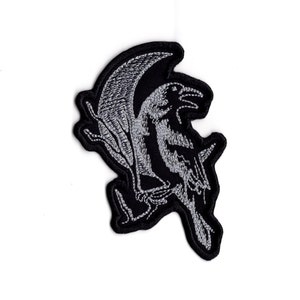 Embroidered Crow and Moon Iron On Patch - Black Twill Fabric - by BalkisBoutique!