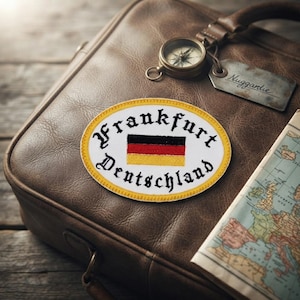 May include: An oval embroidered patch with a yellow border, white background, and black text reading Frankfurt Deutschland, featuring a small horizontal German flag in the centre with black, red, and gold stripes, displayed on a brown leather suitcase.