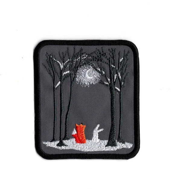 Fox and Rabbit Embroidered Patch, Moonlit Forest Iron On Badge, Hand-Finished Woodland Animal Decor
