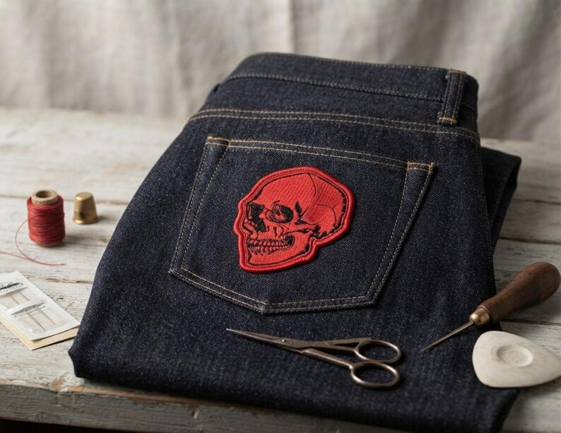 K&ouml;nnte beinhalten: Dunkelblaue Jeans aus Indigo-Denim mit einem roten, gestickten Totenkopf-Aufn&auml;her auf der Ges&auml;&szlig;tasche. Die Jeans ist von N&auml;hutensilien umgeben, darunter eine Spule mit rotem Garn, ein Fingerhut aus Metall, Nadeln, eine kleine Schere, eine Ahle und Schneiderkreide.