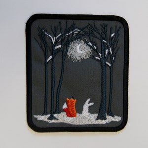 Fox and Rabbit Embroidered Patch, Moonlit Forest Iron On Badge, Hand-Finished Woodland Animal Decor image 9
