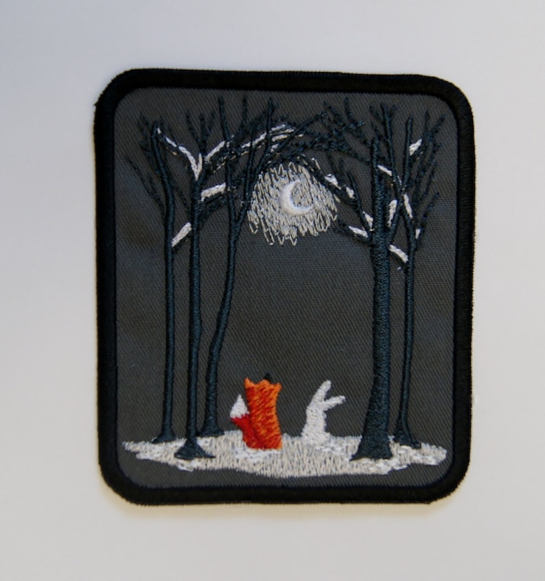 Fox and Rabbit Embroidered Patch, Moonlit Forest Iron On Badge, Hand-Finished Woodland Animal Decor image 9