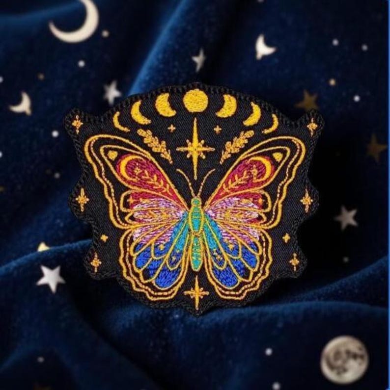Celestial Butterfly Embroidered Iron-On Patch – Mystical Nature & Cosmic Design by BalkisBoutique! image 4