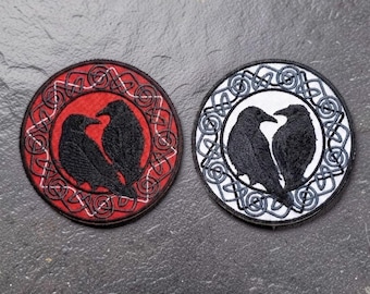 Celtic Crow Embroidered Patch – Choose Red or White Twill – Hand-Finished Iron-On Badge by BalkisBoutique