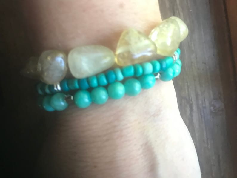 citrine jade turquoise gold stack mala bracelets with recycled sari tassel on elastic meditation intention yoga manifest boho blue yellow