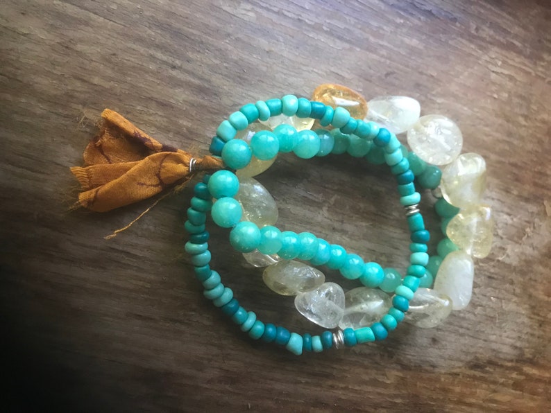 citrine jade turquoise gold stack mala bracelets with recycled sari tassel on elastic meditation intention yoga manifest boho blue yellow