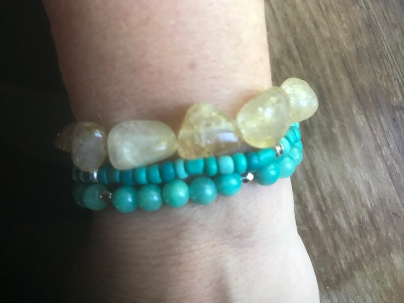 citrine jade turquoise gold stack mala bracelets with recycled sari tassel on elastic meditation intention yoga manifest boho blue yellow