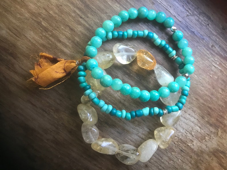 citrine jade turquoise gold stack mala bracelets with recycled sari tassel on elastic meditation intention yoga manifest boho blue yellow