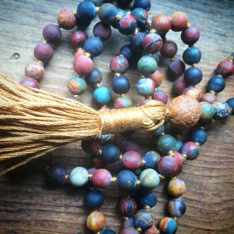 Matte jasper mala beads bodhi guru bead gold tassel Etsy