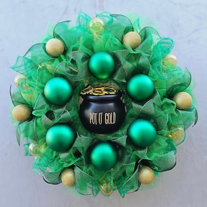 Corona de tul de malla decorativa verde "Pot O' Gold" de 45 cm, hecha a mano, para el Día de San Patricio
