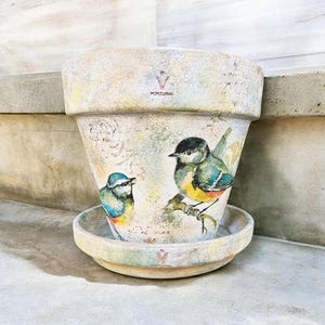 May include: A decorative ceramic flower pot with a matching saucer. The pot has a distressed finish and is decorated with colourful illustrations of birds on branches. The word "PORTUGAL" is printed on the pot.