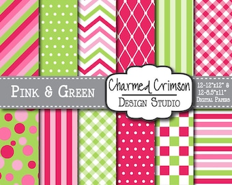 May include: A set of 12 digital papers in pink and green with various patterns, including stripes, polka dots, gingham, and chevron. The papers are 12 inches by 12 inches and 8.5 inches by 11 inches. The text "PINK & GREEN" and "Charmed Crimson DESIGN STUDIO" is included in the image.