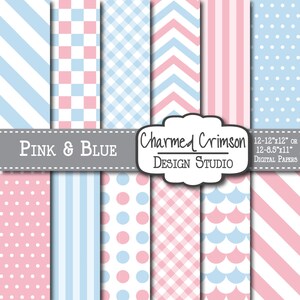 Pink Digital Paper, Baby Digital Paper, Blue Digital Pattern, Pink Chevron Paper, Gingham Digital Paper, Blue Digital