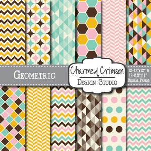 Geometric Digital Paper, Pink Digital Paper, Brown Digital Pattern, Aqua Chevron Paper, Yellow Digital Paper