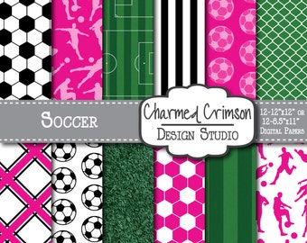 Sports Digital Background, Soccer Digital Paper, Pink Digital Paper, Soccer Digital Paper Fuchsia Digital Pattern, Soccer