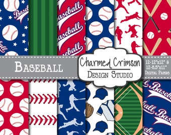 Op de afbeelding: Een verzameling digitale papieren met honkbalthema's. Ontwerpen omvatten honkballen, honkbalknuppels, silhouetten van spelers en honkbalveldpatronen in rood, wit, blauw en groen. De tekst "Baseball" en "Charmed Crimson Design Studio" zijn zichtbaar.