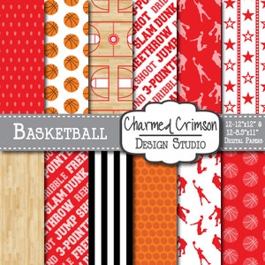 Papel digital rojo, baloncesto digital, patrón digital rojo, papel estrella roja, textura de papel digital de baloncesto rojo