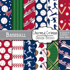 Red Digital Paper, Baseball Digital Paper, Baseball Digital Pattern, Baseball Field Paper, Navy Digital Paper, Blue Baseball Background