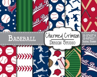 Red Digital Paper, Baseball Digital Paper, Baseball Digital Pattern, Baseball Field Paper, Navy Digital Paper, Blue Baseball Background