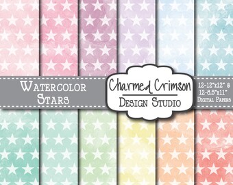 Star Watercolor Paper, Watercolor Digital Paper, Pastel Digital Pattern, Pink Digital Paper, Mint Digital Paper