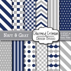Blue Digital Paper, Baby Digital Paper, Gray Digital Pattern, Navy Chevron Paper, Gingham Digital Paper, Blue Digital