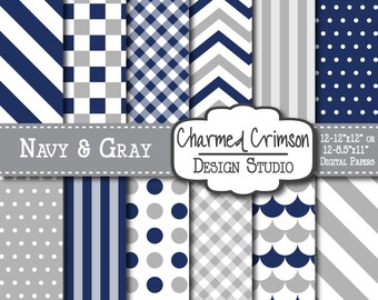 Blue Digital Paper, Baby Digital Paper, Gray Digital Pattern, Navy Chevron Paper, Gingham Digital Paper, Blue Digital