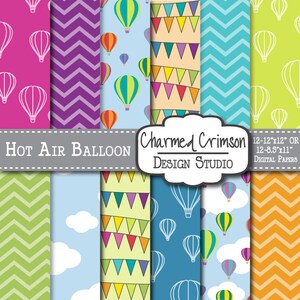 Hot Air Balloon Paper, Balloon Digital Paper, Birthday Digital Pattern, Turquoise Chevron Paper, Cloud Digital Paper