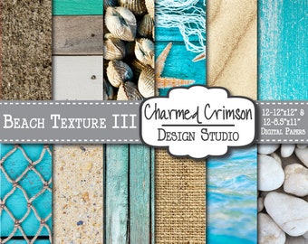 Puede incluir: Un conjunto de 12 papeles digitales con texturas de playa, incluyendo arena, conchas, madera a la deriva y redes de pesca. Los papeles miden 30,5 cm por 30,5 cm y 21,6 cm por 27,9 cm.