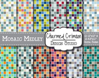 Op de afbeelding: Een set van 12 digitale papierpatronen met een mozaïektegelontwerp in verschillende kleuren, waaronder blauw, groen, rood, geel en oranje. De papieren zijn 30,5 cm x 30,5 cm en 21,6 cm x 27,9 cm.
