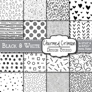Doodle Digital Paper, Black Doodles, Black Pen Doodles, Circles, Chevrons, Lines, Stripes, Squiggles, Black Ink, Black Digital