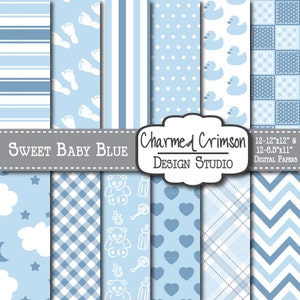 Blue Digital Paper, Baby Digital Paper, Blue Digital Pattern, Blue Chevron Paper, Gingham Digital Paper Paper Baby