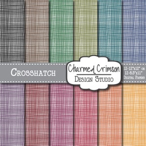 Puede incluir: Papeles digitales con un diseño de trama cruzada en varios colores, incluyendo negro, marrón, verde y azul. Los papeles están etiquetados como "Crosshatch" y "Charmed Crimson Design Studio." Disponibles en tamaños de 30,5 cm x 30,5 cm o 30,5 cm x 21,6 cm.