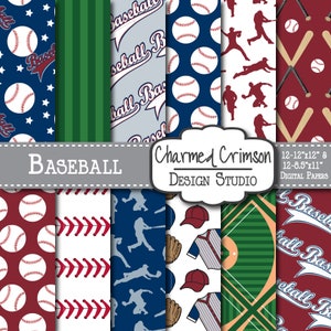 Red Digital Paper, Baseball Digital Paper, Baseball Digital Pattern, Baseball Field Paper, Navy Digital Paper, Gray Baseball Background