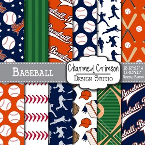 Orange Digital Paper, Baseball Digital Paper, Baseball Field Paper, Navy Digital Paper, Baseball Digital Pattern, Blue Baseball