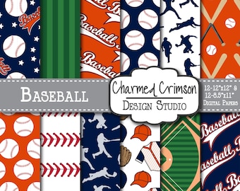 Orange Digital Paper, Baseball Digital Paper, Baseball Field Paper, Navy Digital Paper, Baseball Digital Pattern, Blue Baseball
