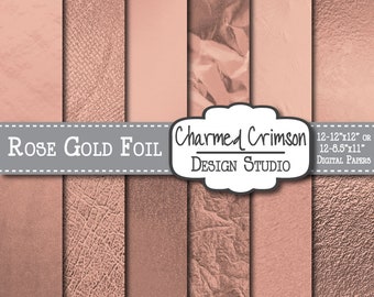 May include: Set of six digital papers featuring rose gold foil textures. The papers are 12 inches by 12 inches or 12 inches by 8.5 inches. The papers are perfect for scrapbooking, card making, and other crafting projects.