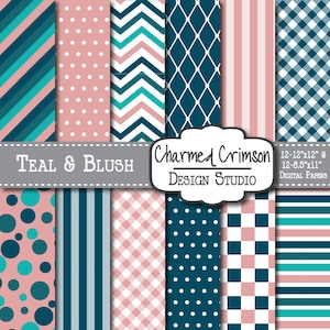 Teal Digital Paper, Pink Digital Paper, Blue Digital Pattern, Green Chevron Paper, Gingham Digital Paper, Circle Digital, Blush Digital