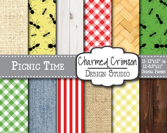 May include: A collection of digital papers with various patterns, including burlap, ants on yellow and green, wood grain, red and white gingham, and red stripes. The text "Picnic Time" and "Charmed Crimson Design Studio" are also visible.
