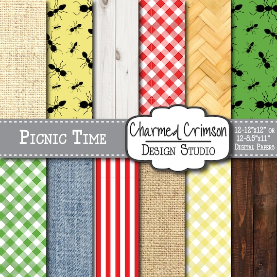 Summer Digital Paper, Red Gingham Paper, Picnic Table Cloth, Plaid Background, Checkered Digital Paper, Picnic Background, Ants