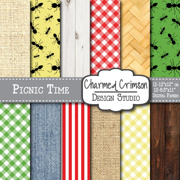 Summer Digital Paper, Red Gingham Paper, Picnic Table Cloth, Plaid Background, Checkered Digital Paper, Picnic Background, Ants
