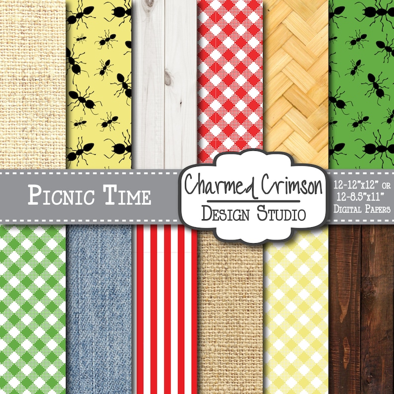 May include: Digital paper pack featuring diverse patterns: burlap, ants on yellow and green, wood grain, red and white gingham, and red stripes. Text includes "Picnic Time" and "Charmed Crimson Design Studio".