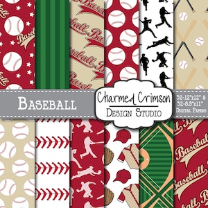 May include: A set of 10 digital papers featuring baseball-themed patterns. The patterns include baseballs, bats, stitching, and players in red, white, and green.