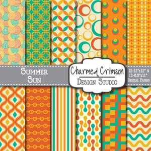 Retro Digital Paper, Yellow Digital Paper, Orange Digital Pattern, Aqua Digital Paper, Green Chevron Wave