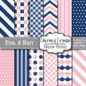 May include: A set of 12 digital papers in pink and navy blue featuring various patterns, including stripes, polka dots, gingham, and chevron. The papers are 12x12 inches or 12.85x11 inches.  Charmed Crimson Design Studio.